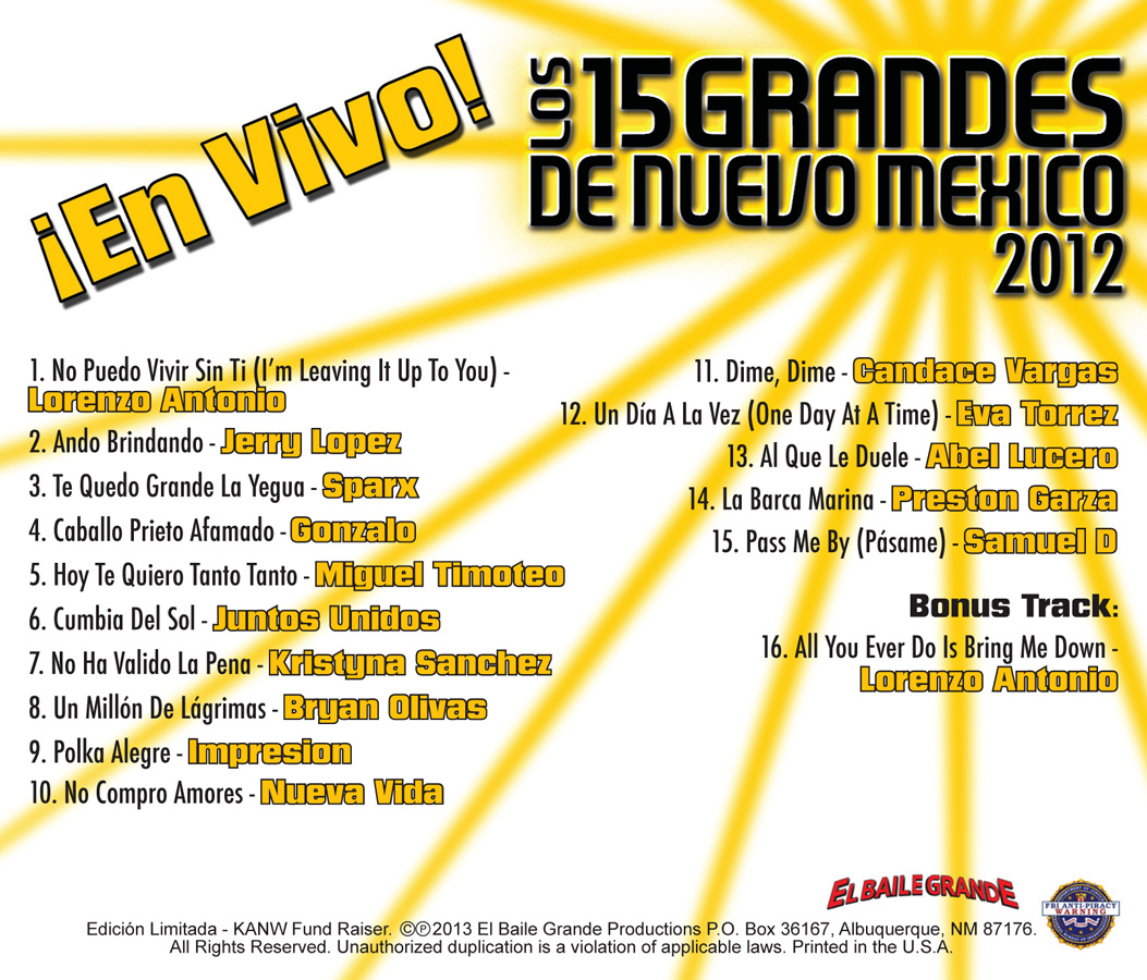 Los 15 Grandes De Nuevo Mexico 2012 En Vivo! CD Atlantis CDS